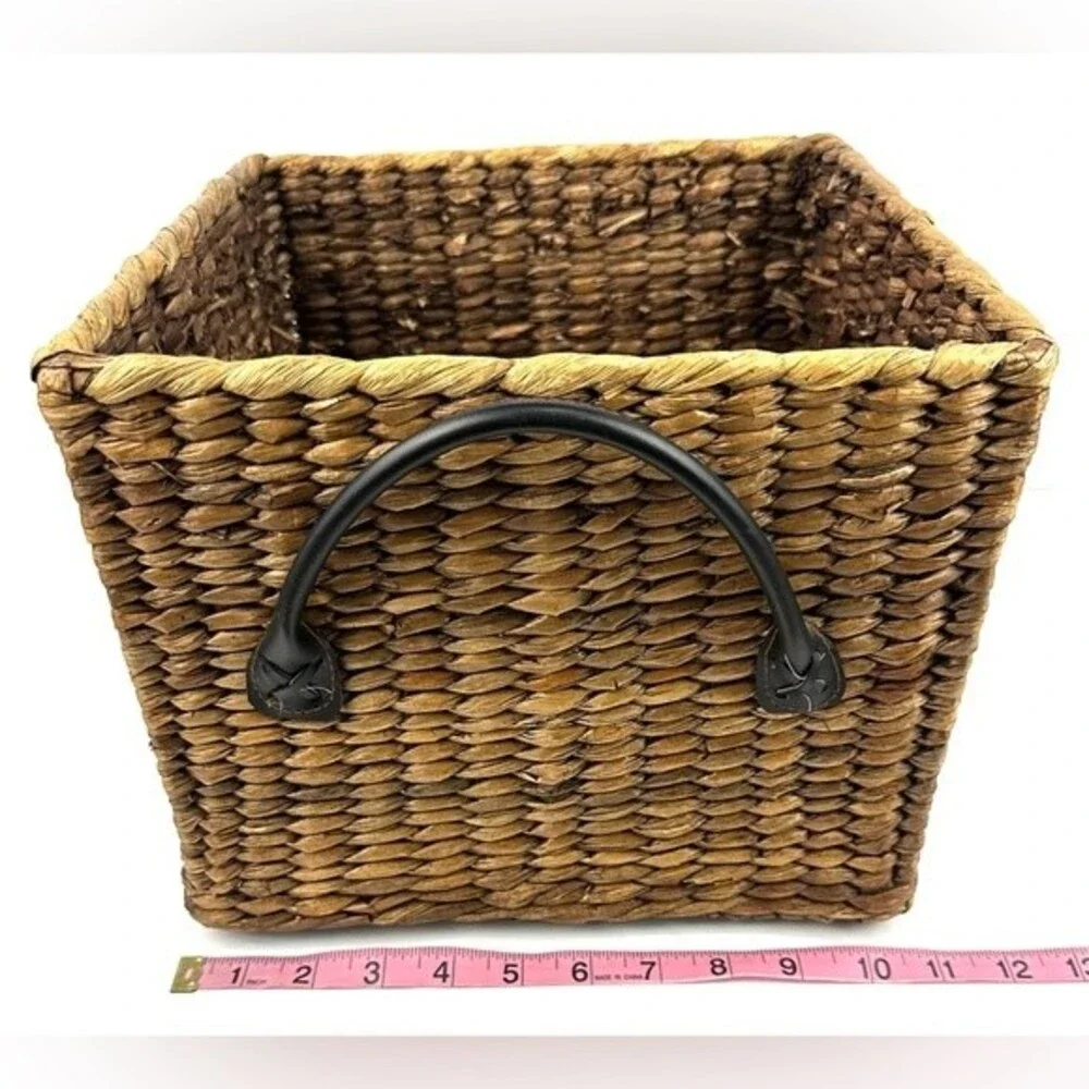 Square Brown Wicker Basket with Leather Handles 10.5” x 8.5”